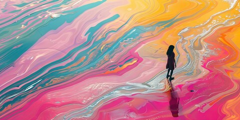 Poster - Colorful abstract background with streaks of wavy colors and silhouette of woman walking