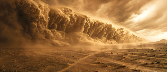 A massive dust storm rolls in over a barren desert landscape, casting a dramatic shadow over the arid ground.