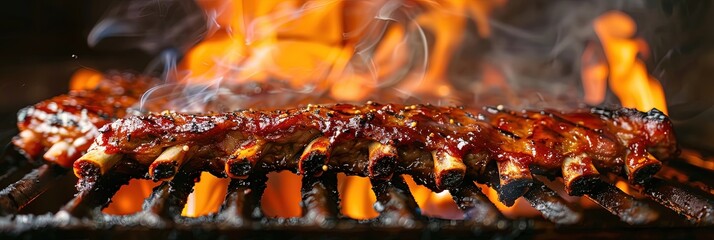 Wall Mural - photo of ribs cooking on barbecue grill 