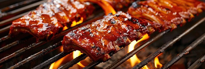 Wall Mural - photo of ribs cooking on barbecue grill 