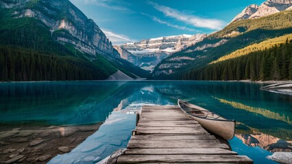 Wall Mural - Mountain lake and crystal-clear water, a wooden dock extends into the lake with a canoe tied to it.