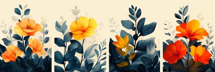 Set of vintage posters with tropical jungle plants and exotic flowers. Retro graphic design. Botanical wall art. Trendy collection for design print, banner, cover, wallpaper