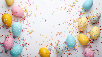 Colored Easter eggs and confetti on white background