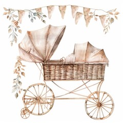 Wall Mural - Illustration of a very cute watercolour baby carriage with a basket of toys.