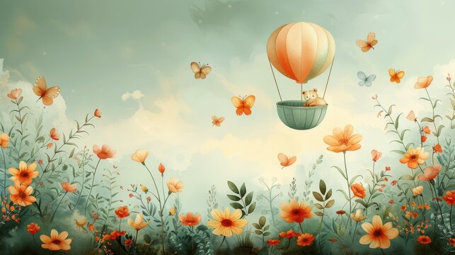 Composition with hand drawn watercolor baby cradle crib air balloons and flowers.  clip art illustration.