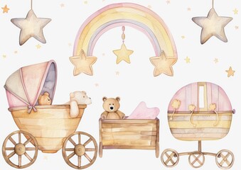 Wall Mural - Handdrawn watercolor boys wardrobe rompers and toy basket with this wonderful baby illustration.