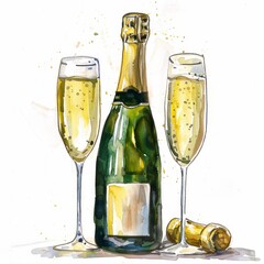 Stunning watercolor set featuring a champagne bottle and glasses. Licensed for commercial use.