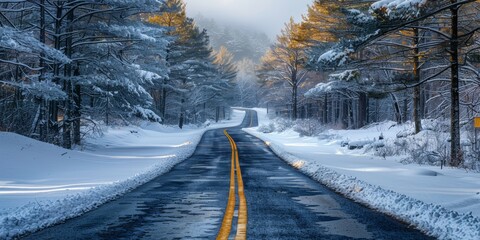 Wall Mural - Nature landscape background snowy road in the forest. A snowy road winding through a winter landscape with frosty trees under a clear blue sky