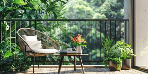 beautiful balcony garden with beautiful chair and coffee table 