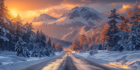 Wall Mural - Nature landscape background snowy road in the forest. A snowy road winding through a winter landscape with frosty trees under a clear blue sky