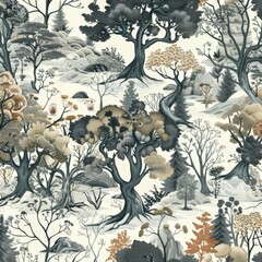 Wall Mural - Illustration of forest trees drawn by hand. Seamless pattern.