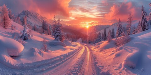 Wall Mural - Nature landscape background snowy road in the forest. A snowy road winding through a winter landscape with frosty trees under a clear blue sky