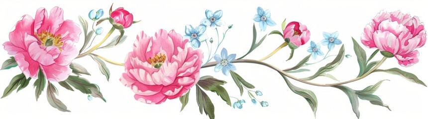 Wall Mural - Floral modern set with watercolors. Collage contemporary elements. Hand drawn realistic peony flowers.