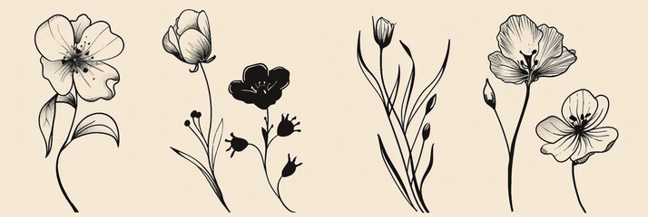 Wall Mural - Collage contemporary bouquets. Hand drawn cartoon style flowers. Abstract modern floral compositions.