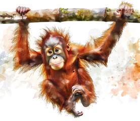 Wall Mural - An orangutan in tropical environment is hand painted with watercolors in a beautiful composition.