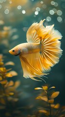 A yellow betta fish gracefully swimming in an aquarium.