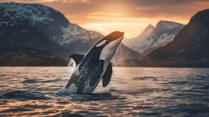 A killer whale, also known as an Orca, leaps out of the sunset ocean waters, creating splashes against the backdrop of Norway's fjords. 