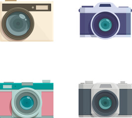 Poster - Collection of four flat design illustrations depicting various styles of cameras, from vintage to modern
