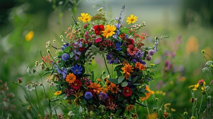 Sticker - A wreath made of vibrant meadow flowers adorns the summer garden to celebrate Summer Solstice Day a joyful Midsummer holiday