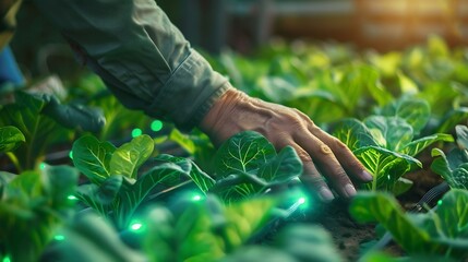 Aufkleber - Smart farming with IoT futuristic agriculture 40 concept farming 40 Smart agricultural technology and innovative agricultural concepts Farmer uses his hands to touch the leaves of the  : Generative AI
