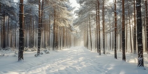 Wall Mural - A misty pine forest from above, covered in a light layer of frost, creating a winter wonderland effect