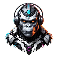 Poster - A gorilla with a futuristic look on its face wearing headphones