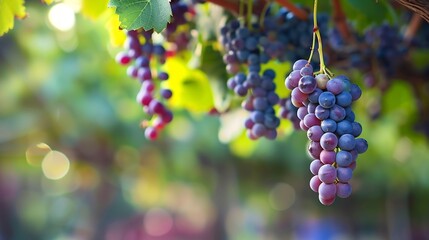 Poster - Close up of grapes hanging on branch Hanging grapes Grape farming Grapes farm Tasty green grape bunches hanging on branch Grapes Closeup of a blue grape hanging in a vineyard : Generative AI