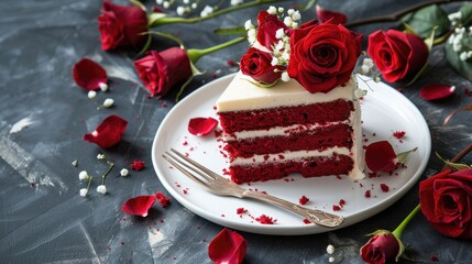 Canvas Print - A white plate adorned with red velvet cake and delicate rose flowers