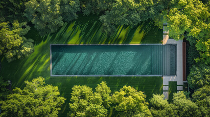 Wall Mural - Aerial view of a long, narrow swimming pool surrounded by lush green trees and perfectly manicured lawns.