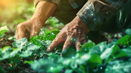 Aufkleber - Smart farming with IoT futuristic agriculture 40 concept farming 40 Smart agricultural technology and innovative agricultural concepts Farmer uses his hands to touch the leaves of the  : Generative AI