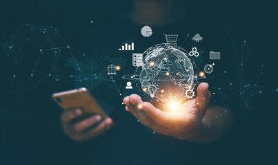 Fototapete - Digital link tech, Business global internet connection application technology and digital marketing, Businessman using application on smartphone for network connect, big data, Internet of Things.