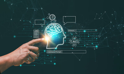 Poster - Futuristic technology transformation. Businessman pointing at virtual Ai sign for assistance smart business. Command prompt for generates something, Ai search, Smart chatbot. Artificial Intelligence.