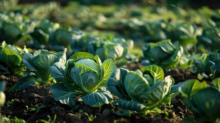 cabbage seedlings in the beds rows of green young cabbages : Generative AI