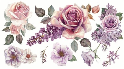 Canvas Print - A beautiful collection of hand drawn watercolor roses and lilac blooms adorns the flower set