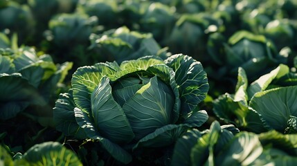 Poster - Fresh cabbage from farm field View of green cabbages plants Nontoxic cabbage Nontoxic vegetables Organic farming : Generative AI