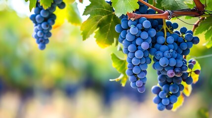 Poster - Close up of grapes hanging on branch Hanging grapes Grape farming Grapes farm Tasty green grape bunches hanging on branch Grapes Closeup of a blue grape hanging in a vineyard : Generative AI