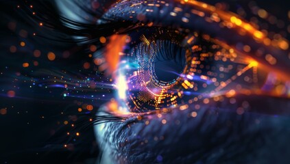 Poster - A close up of a woman's eye with bright lights. AI.