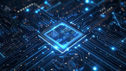 Poster - A circuit board with blue lights and a  in the middle. AI.
