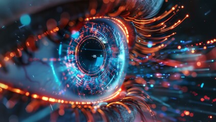 Poster - A close up of a futuristic eye with glowing lights. AI.