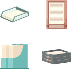 Poster - A set of four isolated vector illustrations of office supplies, including a paper tray, a closed document, an open book, and a drawer with files