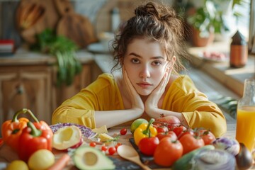 Wall Mural - A woman is seated at a table in a kitchen surrounded by vegetables