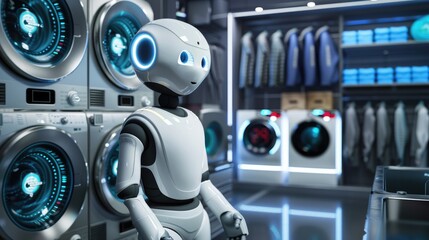 AI robot using app to manage laundry smart housekeeping concept