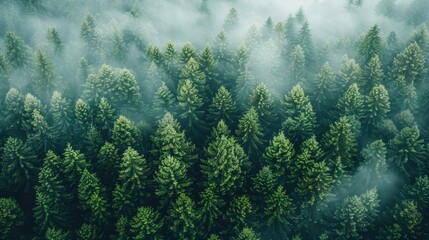 Wall Mural - aerial view background forest of trees. A misty forest of evergreen trees, creating a mysterious and serene atmosphere