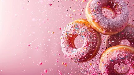 Wall Mural - Celebrate National Donut Day or Valentine s Day with a festive concept featuring delicious donuts adorned with icing sugar and sprinkles on a vibrant pink backdrop Perfect for adding a pop o