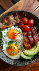 Poster - A dish with eggs, bacon, tomatoes, and avocado on a wooden table