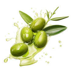 Wall Mural - Green olives with leaves and oil splash isolated on transparent white background, clipping path