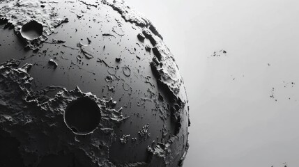 Wall Mural - a dynamic 3d rendering of a stylized monochromatic earth with circular black craters and a weathered