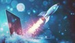 © furyon - laptop with rocket flying from screen on blue startup concept background digital illustration
