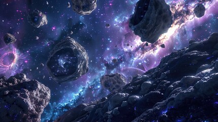 Wall Mural - Explore the enchanting realm of space filled with asteroids and meteorites drifting through nebulae This high resolution deep space image is perfect for those who adore science fiction fant