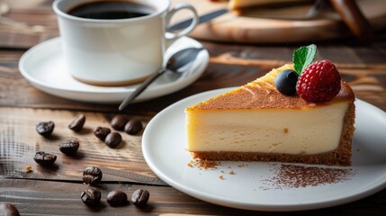 Wall Mural - Cheesecake and piping hot black coffee on the table